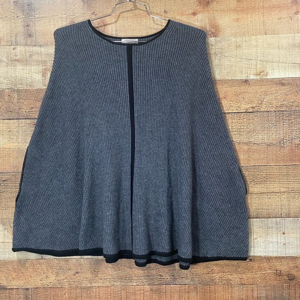 Cape Poncho Shawl Sweater- Gray with Black Trim Size Medium